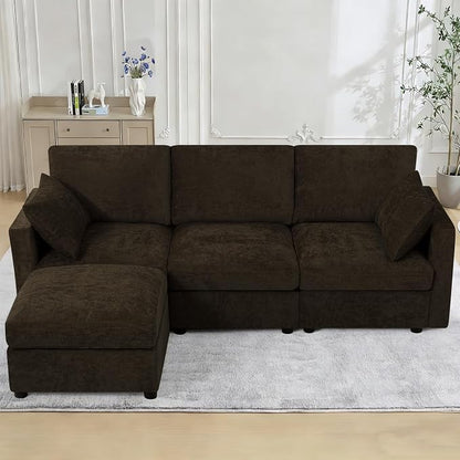 84” Chenille 3-Seats Sofa W/Movable Ottoman, Brown | Modern Fabric L-Shaped Couch w/Soft Backrests, Upholstered Sectional Sofa w/Arm Pillows for Living Room