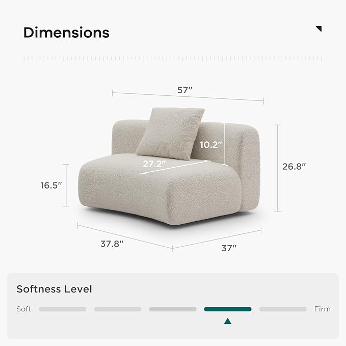 Acanva Formia Boucle Curved Sectional Sofa, Armless Chair, White | Modular Couch, Modern Minimalist, Wood Frame, For Living Room, Apartment, Home Office