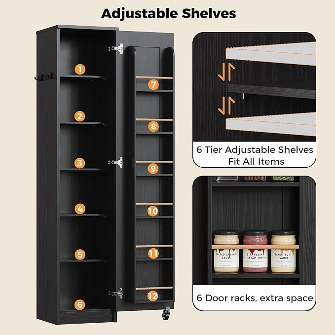 IRONCK Narrow Kitchen Pantry Storage Cabinet, 72" Slim Single Door with 6 Adjustable Shelves, Door Rack and Wheels, Space Saving Freestanding Storage Floor Cabinet for Small Place, Black