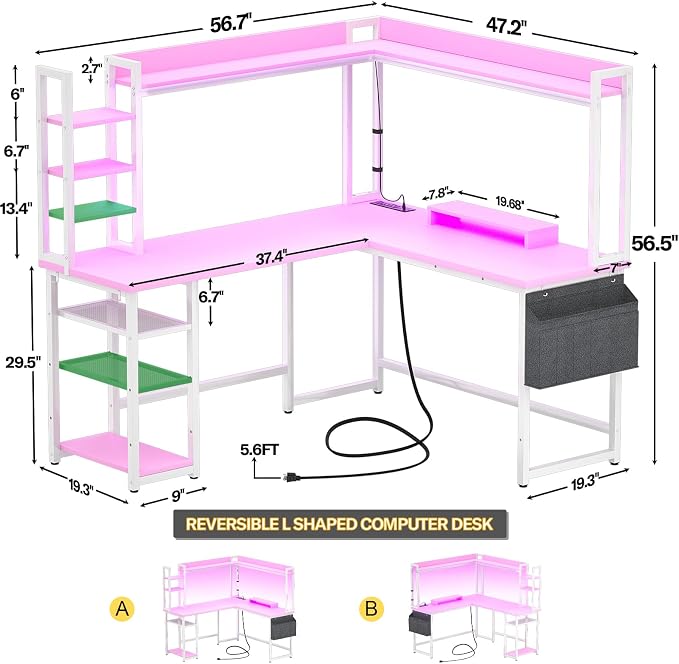 Aheaplus L Shaped Desk with Power Outlet, L Shaped Gaming Desk with Led Light & Hutch, Reversible Home Office Desk, Corner Computer Desk with Monitor Stand & Storage Shelves, Pink