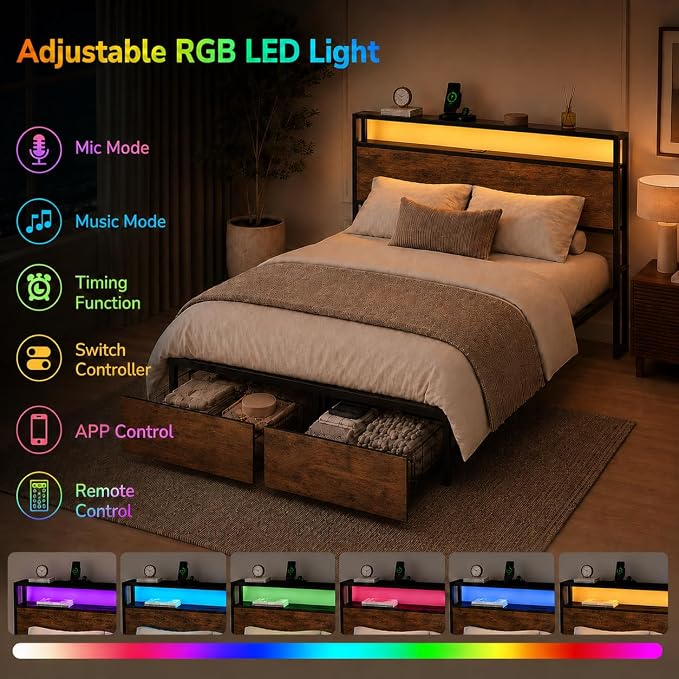 Zevemomo Full Size Bed Frame with Storage Drawers, Bed Frame Full Size with Headboard, LED Light, Charging Station with 3 USB Ports & 1 Type-C Port, Noiseless, Rustic Brown