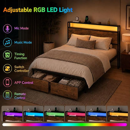 Zevemomo Full Size Bed Frame with Storage Drawers, Bed Frame Full Size with Headboard, LED Light, Charging Station with 3 USB Ports & 1 Type-C Port, Noiseless, Rustic Brown