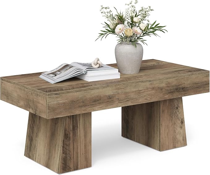LITTLE TREE Farmhouse Coffee Table, 47 Inches Wooden Rectangular Accent Center Tables with Thick Base, Modern Low Cocktail Tea Furniture for Living Room (Rustic Brown)