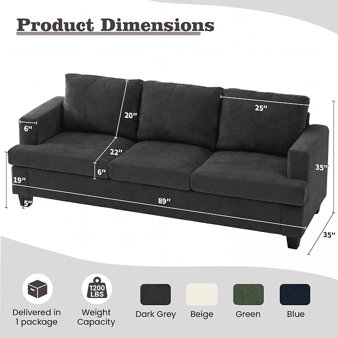 Apicizon 3-Seater Sofa & 3-Seater Sofa, 2 Piece Set Comfy Couch for Living Room, Modern Lounge Sofa Couch for Apartment Lounge, Dark Grey Chenille
