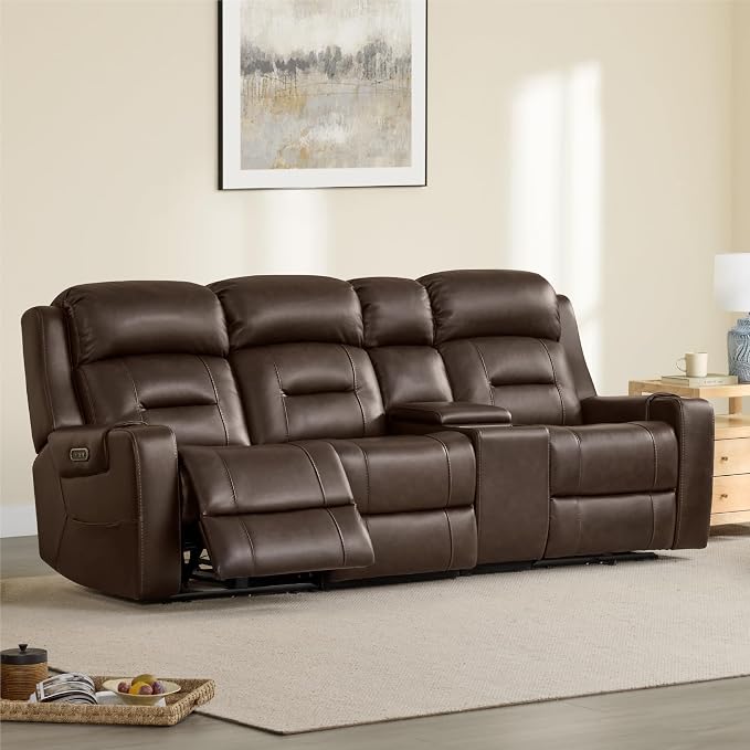 Watson & Whitely Genuine Leather Power Recliner Sofa, Lay Flat Reclining Sofa with Storage Console, Power Headrest & Cup Holders, 3 Seater Electric Reclining Couch for Living Room, Dark Brown