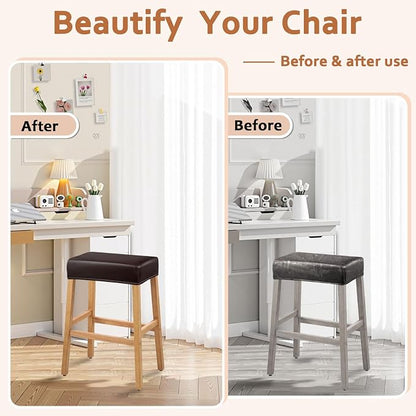 PU Leather Bar Stool Covers Rectangular, 100% Waterproof Stool Covers Rectangle Super Stretch 20% Thicker Leather Saddle Stools Cover Rectangular Counter Bar Stools with Elastic Band (4 PCS, Brown)