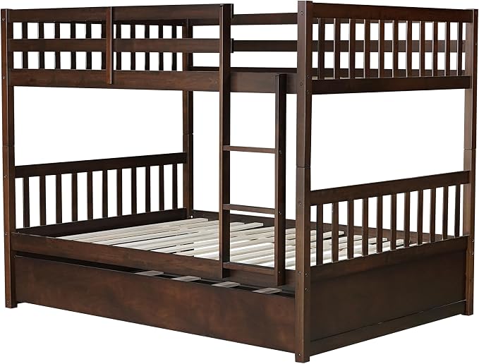 Harper & Bright Designs Convertible Wood Full-Over-Full Bunk Bed with Trundle and Ladder - Can Be Divided Into Two Platform Beds, Espresso