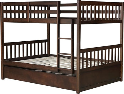 Harper & Bright Designs Convertible Wood Full-Over-Full Bunk Bed with Trundle and Ladder - Can Be Divided Into Two Platform Beds, Espresso