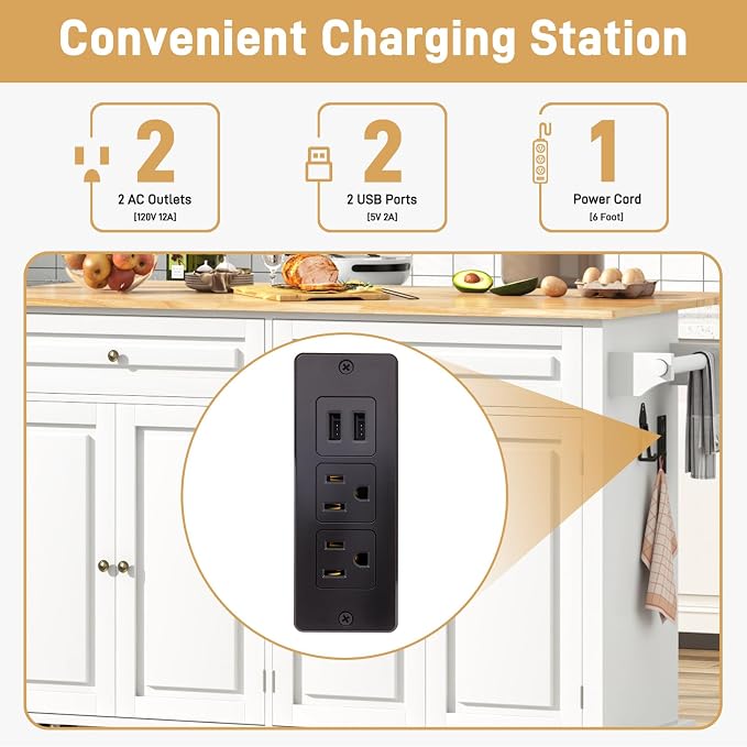 Hlivelood 63" Movable Kitchen Island with Drop Leaf and Power Outlet, Rolling Island Cart w/Storage Cabinet, Island Table on Wheels for Kitchen w/2 Drawers, Spice Rack, Towel Bar, Garage Hook, White