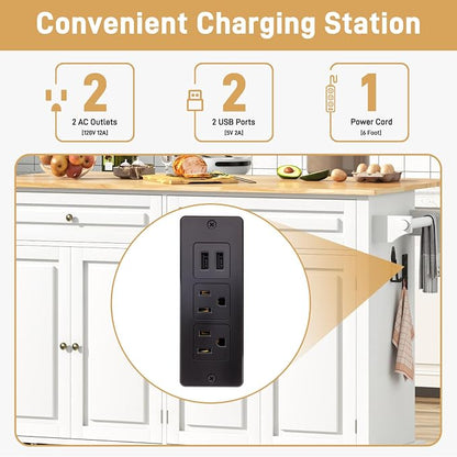 Hlivelood 63" Movable Kitchen Island with Drop Leaf and Power Outlet, Rolling Island Cart w/Storage Cabinet, Island Table on Wheels for Kitchen w/2 Drawers, Spice Rack, Towel Bar, Garage Hook, White