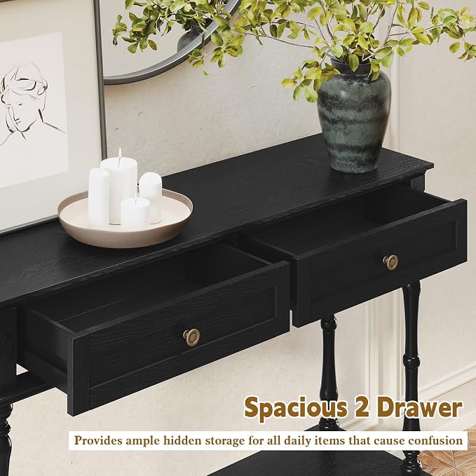 ARTPOWER Console Table for Entryway with 2 Drawers-Minimal Assembly,Retro Entryway Tables with Storage Cabinets and Open Shelf,Narrow Long Couch Table Behind Sofa for Living Room,Foyer,Hallway,Black
