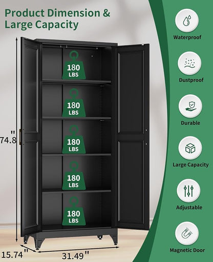 75" Tall Black Metal Storage Cabinet with 2 Doors and 4 Adjustable Shelves, Heavy Duty Steel Pantry Cabinet for Garage, Home Office, Kitchen and Laundry Room, Freestanding Utility Cupboard