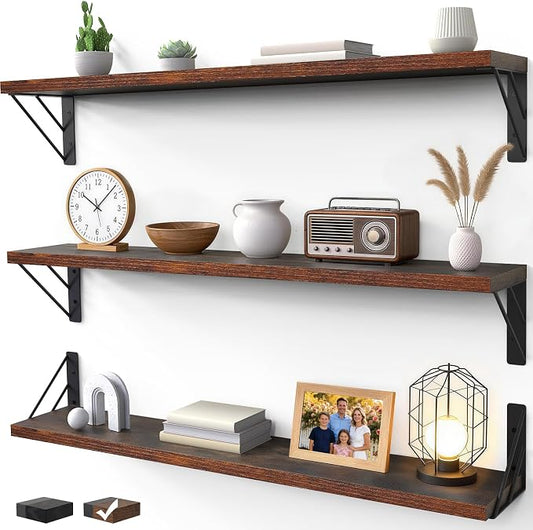 BAYKA Wall Shelves for Bedroom Decor, Floating Shelves for Wall, Display Mounted Rustic Wood Shelf for Books,Plants,Corner Shelves for Bathroom,Kitchen,Living Room(Rustic Brown，36in，Set of 3)