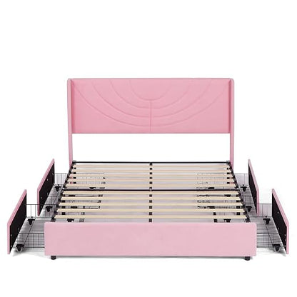 VECELO Full Bed Frame Upholstered Platform with 4 Drawers&Fabric Headboard,Wooden Slats Support/No Box Spring Needed/Mattress Foundation,Pink