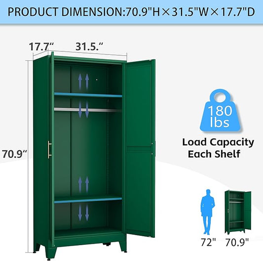71 "Metal Armoire Wardrobe Closet, Steel Clothing Storage Cabinet with Adjustable Shelves and Hanging Rod, Household Steel Wardrobes Storage Cabinet with Adjustable standing feet (Wardrobe-Green)