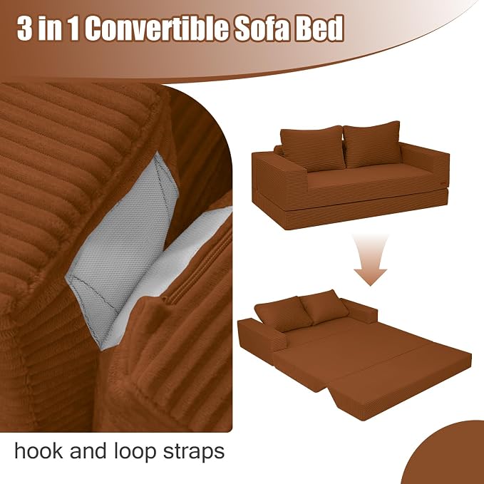 COMAX Futon Sofa Bed, Convertible Sofa Bed, Folding Boneless Couches | Boneless Couch for living room, 4‑in‑1 Fold Out Small Foldable Loveseat Floor Sleeper Mattress Lounge Space‑Saving