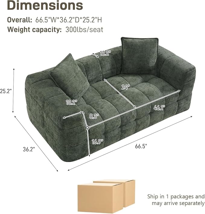 66.5" Loveseat Boneless Couch,Comfy Cloud Sectional Sofa with Deep Seat,Modern Upholstered Chenille Love Seat Sofa, Small Couches for Living Room, No Assembly Required Tufted Sofas, Green