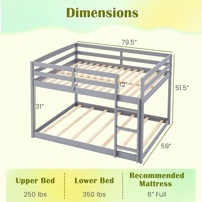 Giantex Full Over Full Bunk Bed, Solid Wood Kids Bunk Bed with Full-Length Guardrails, Integrated Ladder & Anti-Tippling Kits, Low Bunk Beds with Slats Support for Kids, Teens, Grey