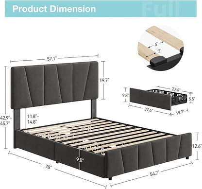 Queen Size Bed Frame with Upholstered Headboard & 4 Storage Drawers with Wheels, Platform Bed Frame with Wooden Slat Support, Adjustable Headboard, No Box Spring Needed, Noise-Free, for Bedroom