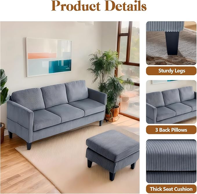 67'' L-Shaped Velvet Modular Sectional Couch Sofa with Ottoman, 3-Seat Convertible Cloud Deep Seat Sofa Couches for Living Room Bedroom Apartment, Cozy Chaise Lounge Sofas (Gray)