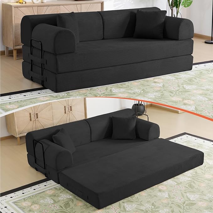 78.8" Boneless Memory Foam Couch, Corduroy Convertible Floor Sofa Bed, Fold-Out Sleeper Futon Loveseat, Wide Armrests & Supportive Back, 1200 lb, Couch in a Box, 2 Pillows, Black