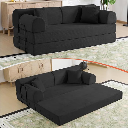 78.8" Boneless Memory Foam Couch, Corduroy Convertible Floor Sofa Bed, Fold-Out Sleeper Futon Loveseat, Wide Armrests & Supportive Back, 1200 lb, Couch in a Box, 2 Pillows, Black