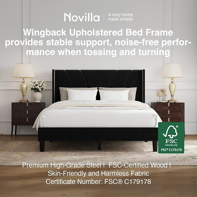 Novilla Full Size Bed Frame, Full Bed Frame with Headboard, Velvet Upholstered Wing Side Headboard, No Box Spring Needed, Heavy Duty Feet, Easy Assembly, Black Velvet