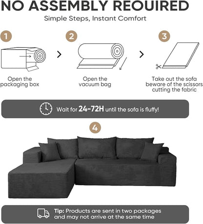 Boneless Couch, 102.4" Sectional Couches for Living Room with L Shape Sofa | Cloud Couch Sectional with Chaise, Modular Cloud Sofa with Deep Seat, No Assembly, Black, Corduroy, Left Chaise