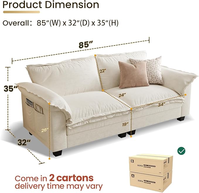 KKL 89 Inch Modular Sectional Sofa, 2 Seater Loveseat Cloud Couch with Deep Seat, Chenille Sectional Couches for Living Room, Apartment, Beige