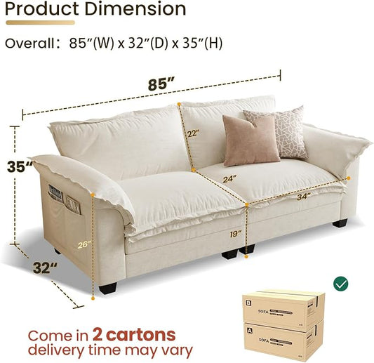 KKL 89 Inch Modular Sectional Sofa, 2 Seater Loveseat Cloud Couch with Deep Seat, Chenille Sectional Couches for Living Room, Apartment, Beige