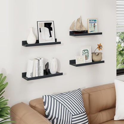 Axeman Black Picture Ledge Shelf Set of 4, 16'' Floating Shelves with Lip | Rustic Black Wood Picture Shelves for Wall with Ledge, Wall Shelves with Lip for Photos Nursery Books
