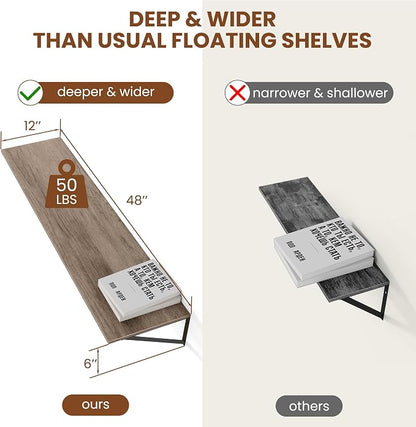 Heimlove Deep Floating Shelves for Wall, 48W x 12D Rustic Grey Wood Wall Shelves Set of 2, Large Floating Shelf for Living Room, Kitchen, Office, Bedroom and Decor Storage, with Metal Bracket - Grey