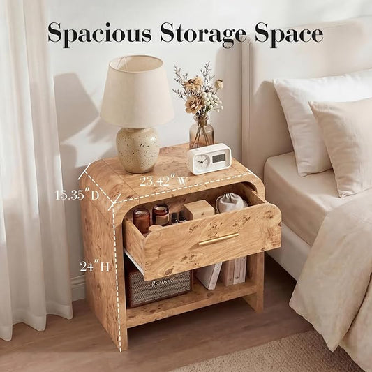 Night Stand Set of 2 [Unique Curved Profile] [FSC-Certified Wooden Board] 1-Drawer and 1 Storage Shelf Nightstand 24" H Metal Handle Modern Bedside Table Side Table End Table