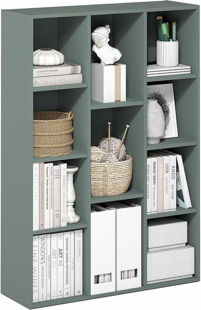 Furinno LUDER Book Shelf, 11-Cube Bookshelf, Reversible Bookcase, 9.4 x 29.1 x 41.7, Easy Assembly, for Living Room, Bedroom, Home Office, Sage Green