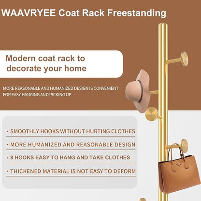 Modern Metal Coat Rack Stand, Coat Rack Freestanding with Natural Marble Base, Sturdy Heavy Duty Coat Racks with 8 Hooks, Golden Coat Hall Tree Stand for Entryway, Office