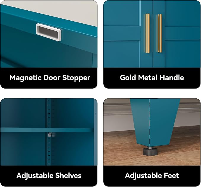 COFaR 61" Metal Pantry Cabinet in Peacock Blue, Farmhouse Storage Cabinet with Adjustable Shelves, Sturdy Freestanding Cupboard for Kitchen Organization, Bathroom & Living Room