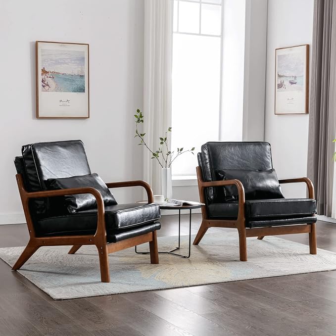 Deolme Mid Century Modern Accent Chair Living Room- Comfy Solid Wood Arm Chair with Lumber Pillow Lounge Decorative Black Leather Office Side Chair for Bedroom Reading Nook Sillas De Sala