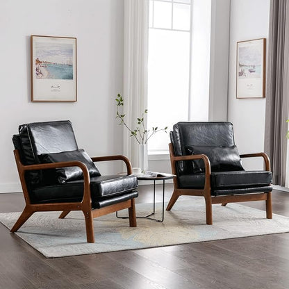 Deolme Mid Century Modern Accent Chair Living Room- Comfy Solid Wood Arm Chair with Lumber Pillow Lounge Decorative Black Leather Office Side Chair for Bedroom Reading Nook Sillas De Sala