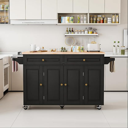 59 Kitchen Island Cart with Drop Leaf Breakfast Bar, Rolling Mobile Kitchen Island Table on Wheels with Storage Cabinet, Drawer, Spice/Towel Rack, Black