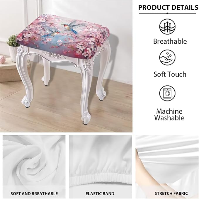 Vanity Stool Covers Bar Stool Covers Set of 2 Cherry Blossom Hummingbird Bar Stool Saddle Seat Covers Rectangle Bench Seat Protector Barstool Covers with Elastic Bands for 14-20 inch Stool