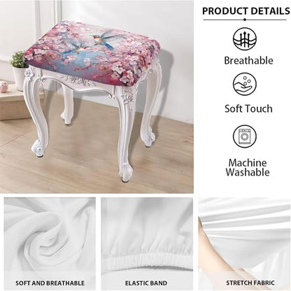 Vanity Stool Covers Bar Stool Covers Set of 2 Cherry Blossom Hummingbird Bar Stool Saddle Seat Covers Rectangle Bench Seat Protector Barstool Covers with Elastic Bands for 14-20 inch Stool