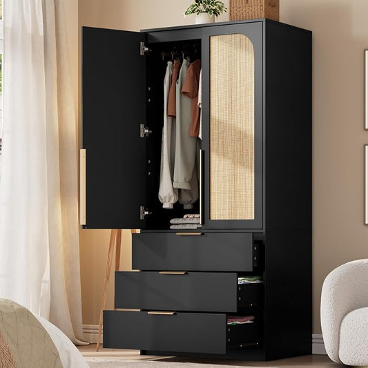 GarveeHome Armoire Wardrobe Closet, 69.5 in Wooden Wardrobe Cabinet with 3 Drawers, Hanging Rod, 2 Doors Clothing Storage Cabinet for Bedroom, Large Capacity Storage, Rattan Door, Black