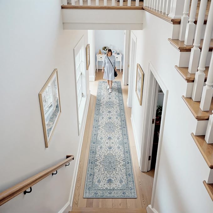 RELEANY Area Rugs Runner 2'6"x14' Washable Non-Slip, Floral Vintage Distress Medallion Carpet for Kitchen Hallway Bedroom Beside Laundry Room Bathroom, Light Blue Navy Gray White