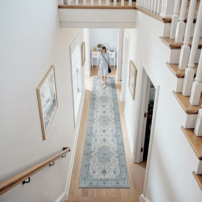 RELEANY Area Rugs Runner 2'6"x14' Washable Non-Slip, Floral Vintage Distress Medallion Carpet for Kitchen Hallway Bedroom Beside Laundry Room Bathroom, Light Blue Navy Gray White