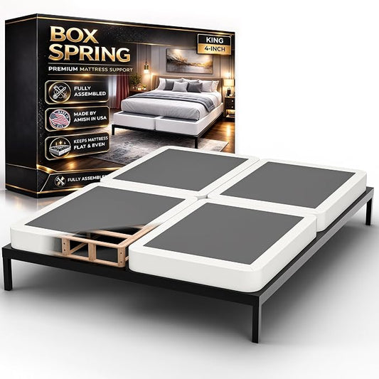 Box Spring Bed Base King Size, 4-Inch Wood Mattress Foundation – Amish Made in USA – Quiet Noise Free, Under Mattress-Support BoxSpring, Fully Assembled, White