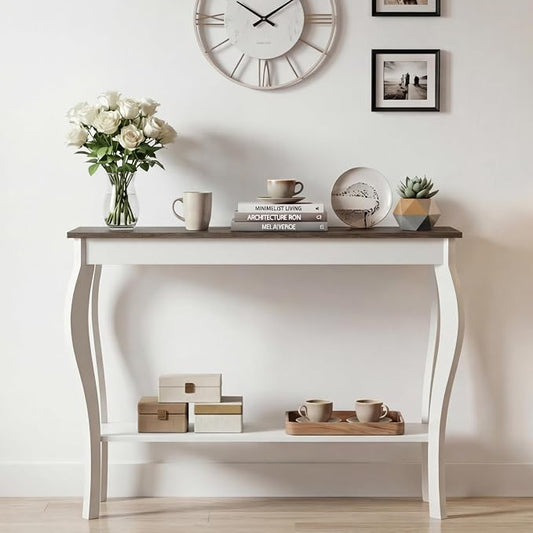 ChooChoo Narrow Farmhouse Console Table, Chic Accent Sofa Table, Entryway Table, Soft White