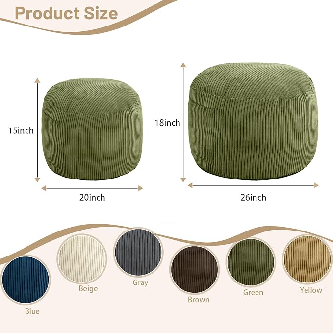 Round Stuffed Pouf Ottoman,Corduroy Foot Rest with Rebound Foam Filled, Furry and Fluffy Foot Stool Ottoman, Floor Poufs for Living Room (Green, 20" D x 20" W x 15" H)