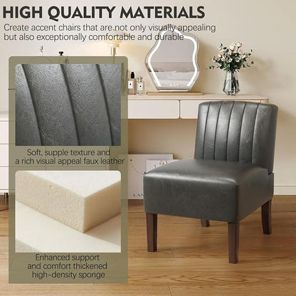 Armless Accent Chairs Upholstered Dining Chairs Living Room Chairs with Solid Wood Legs Leather Reading Chair for Adults Comfy Chair for Bedroom Vanity Kitchen (Grey)