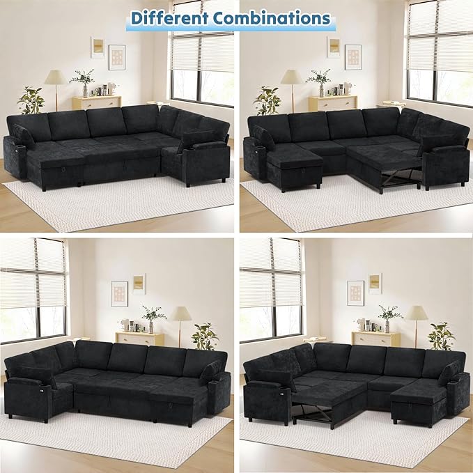 110" Chenille Sectional Sofa w/Pull Out Bed & Storage Chaise, Black | Reversible U Shape Sofa w/Storage Armrests & Cup Holders, Corner Couch w/USB Charging Port & Throw Pillows for Living Room
