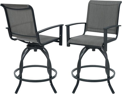 Kozyard Outdoor Swivel Bar Stools Set of 2, 360° Swivel Counter-Height Patio Bar Chairs with High Back, Powder-Coated Steel Frame & Textilene Fabric for Backyard, Balcony, Kitchen Island Gray